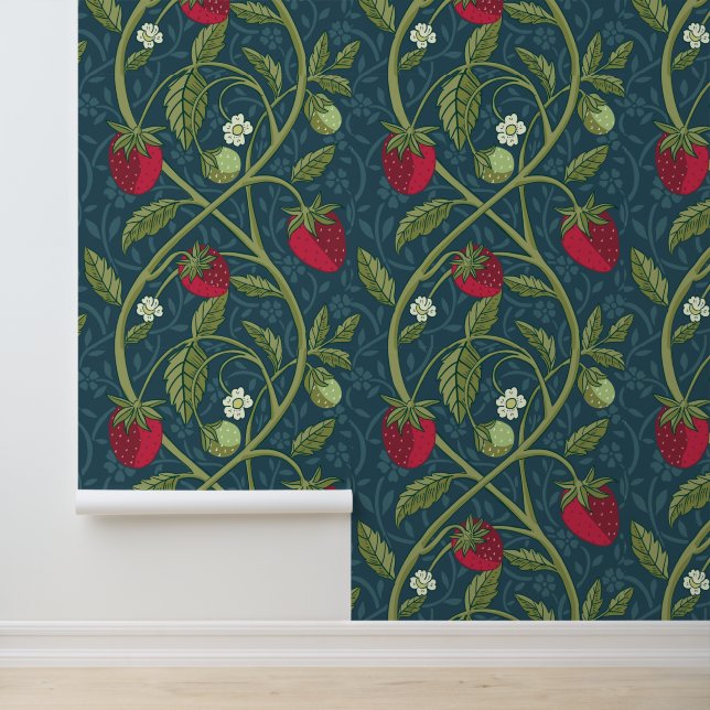William Morris Style Jade & Red Strawberry Pattern Tapete (Anwendung)