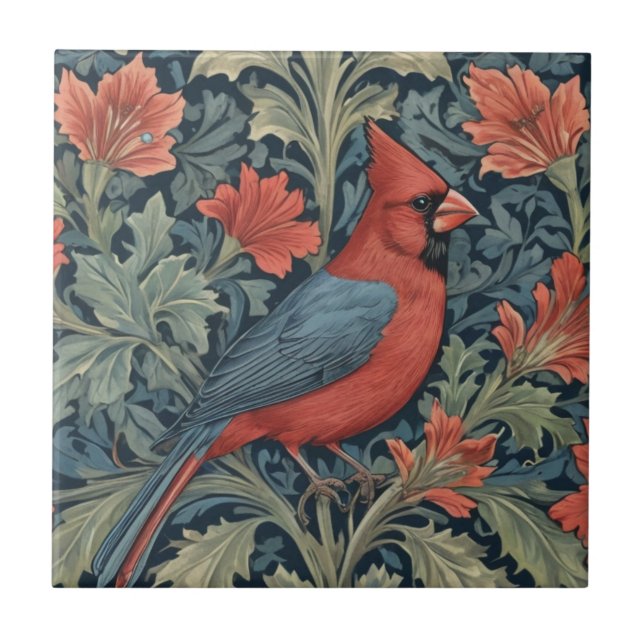 William Morris Style Red Kardinal Bird R Blumenbee Fliese (Vorderseite)