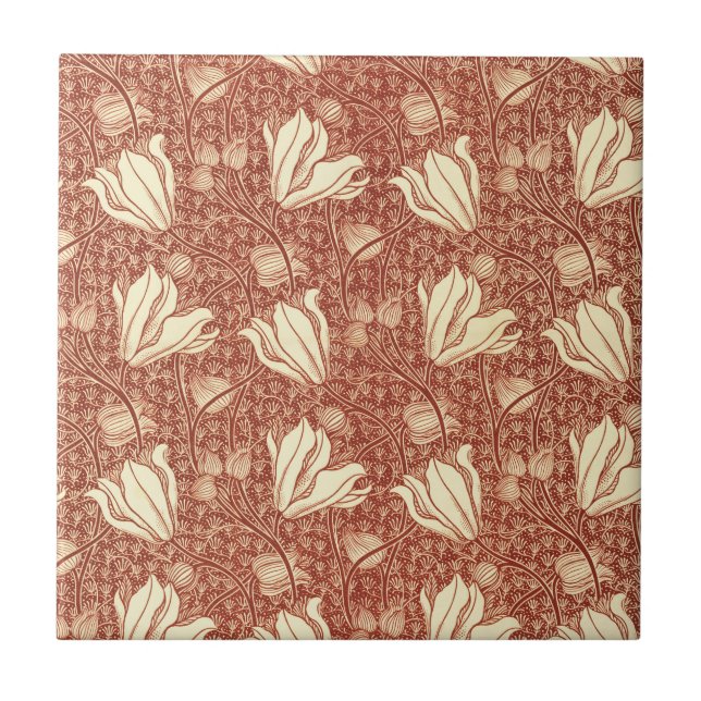 William Morris Style Red Lily Floral Pattern Fliese (Vorderseite)