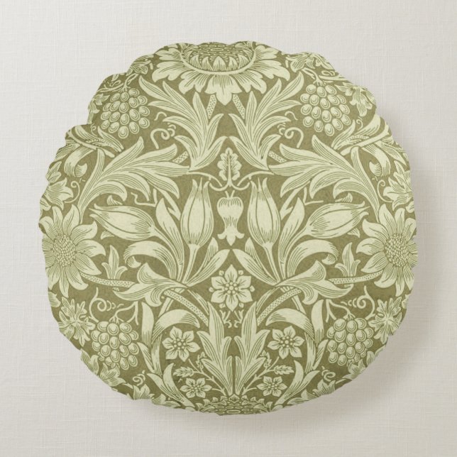 William Morris Sunflower Green Blume Rundes Kissen (Vorderseite)