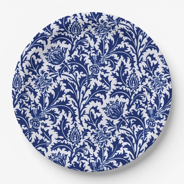 William Morris Thistle Damask, Cobalt Blue & White Pappteller (Vorderseite)