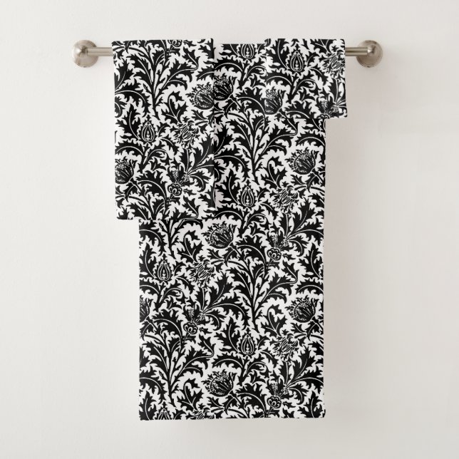 William Morris Thistle Damask, Schwarz auf Weiß Badhandtuch Set (Insitu)