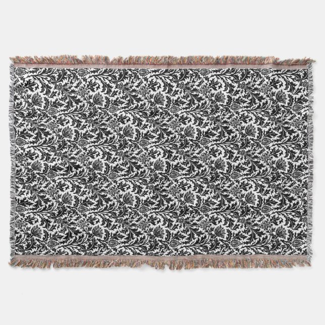 William Morris Thistle Damask, Schwarz auf Weiß Decke (Vorderseite)