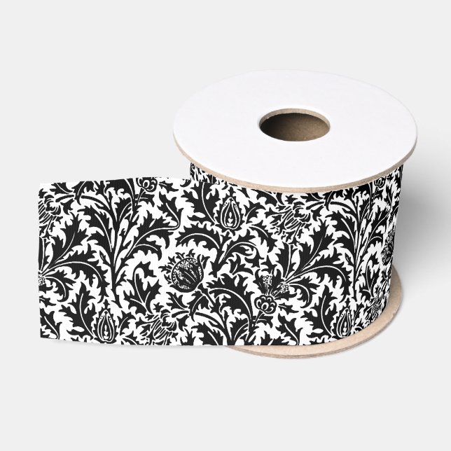 William Morris Thistle Damask, Schwarz auf Weiß Ripsband (Spule)