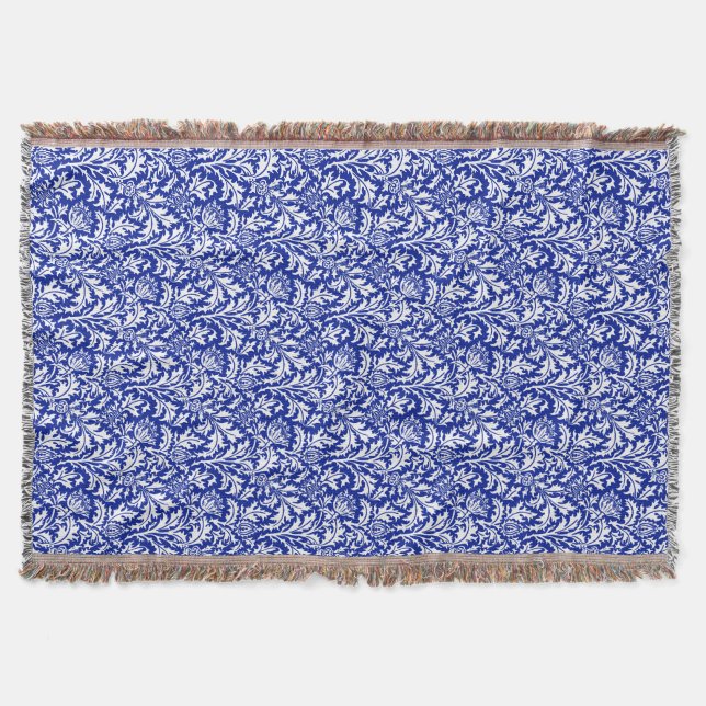 William Morris Thistle Damask White über Cobalt Bl Decke (Vorderseite)