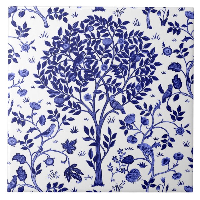 William Morris Tree of Life, Cobalt Blue and White Fliese (Vorderseite)