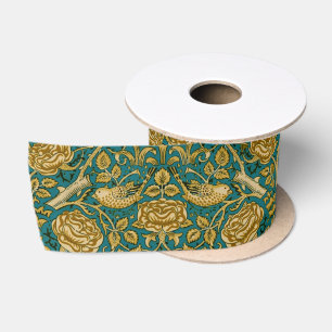 William Morris Tudor-Rosen-Muster Blau Golden Satinband