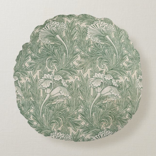 William Morris Tulpe Tapete grün Rundes Kissen (Vorderseite)