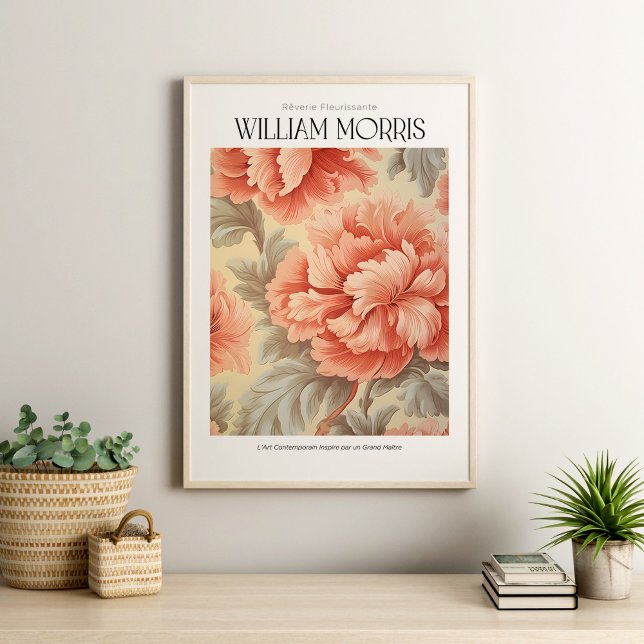 William Morris Vintag Blush Pink Blume Poster (William Morris Vintage Blush Pink Flowers Poster in a neutral boho living room with house plants)