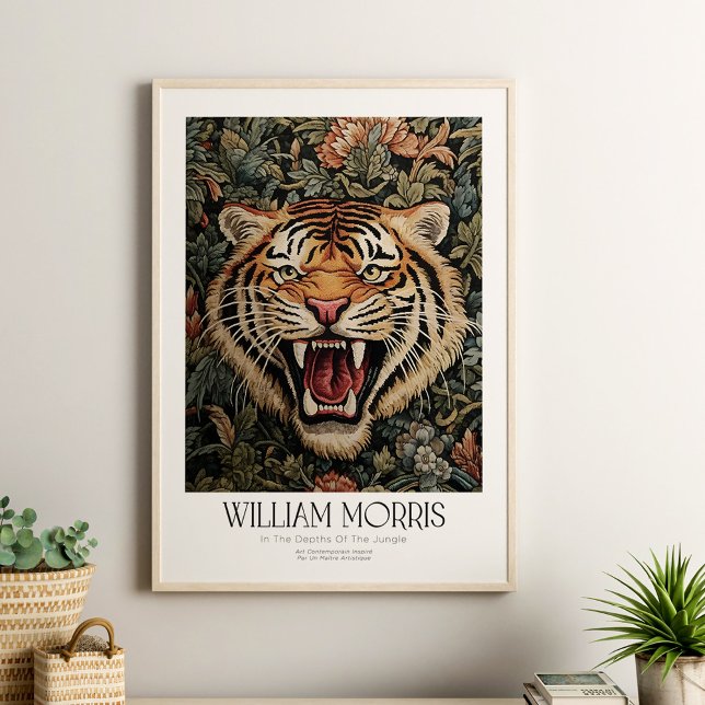 William Morris Vintag Floral Tiger Poster (William Morris Vintage Floral Tiger Poster in a neutral boho living room in a wooden frame)