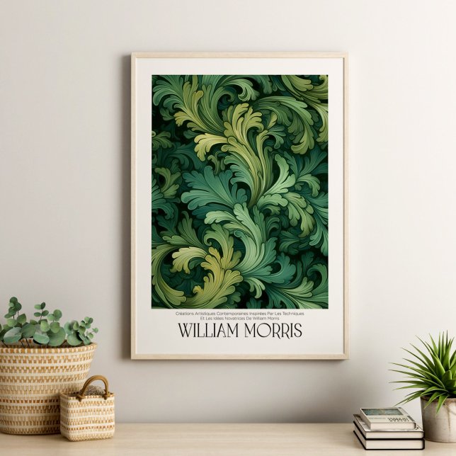 William Morris Vintag Green Blätter Botanical Poster (William Morris Vintage Green Leaves Botanical Poster in a neutral boho living room with house plants)