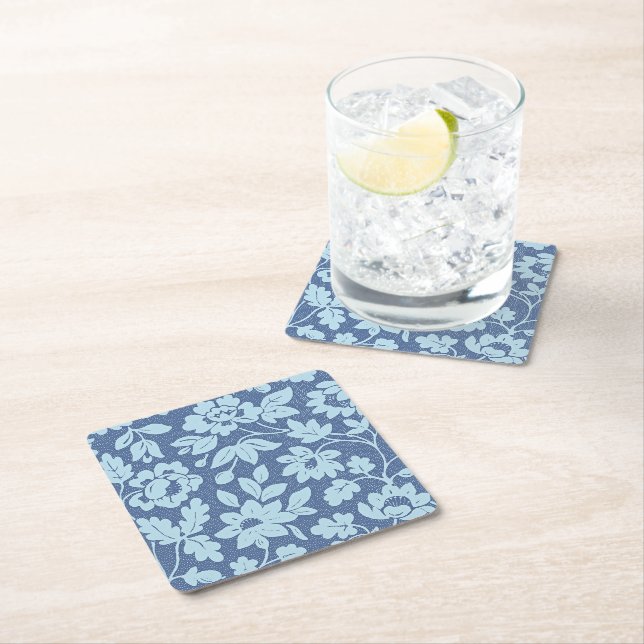 William Morris, Vintage blaue Blüten, Rechteckiger Pappuntersetzer (Vor Ort)