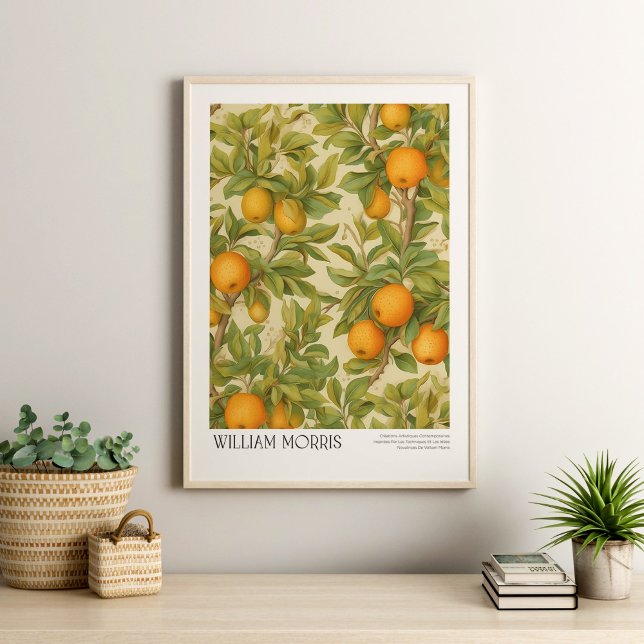 William Morris Vintage Früchte und Blätter Poster (William Morris Vintage Fruits and Leaves Poster in a neutral boho livingroom with house plants.)