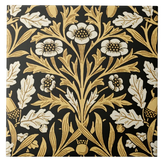 William Morris Vintage Gold Schwarzes Eichenmuster Fliese (Vorderseite)
