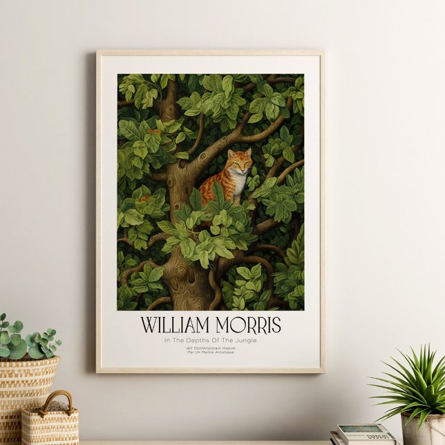 William Morris Vintage Katze im Dschungel Poster (William Morris Vintage Cat in the Jungle Poster in a neutral boho living room in a wooden frame.)