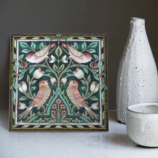 William Morris Vögel und Tulpen Grüne Art Nouveau Fliese