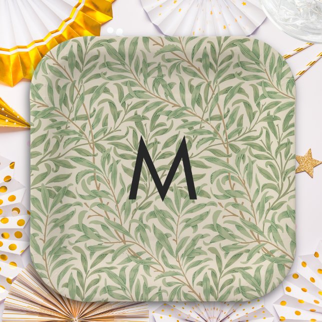 William Morris Weidenzweig Retro-Muster Monogramm Pappteller (A monogrammed paper plate, with William Morris 'Willow Bough' botanical design of leaves and stems)