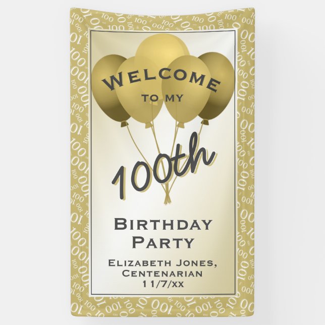 Willkommen 100. Cooles Zahlenmuster - Gold/Weiß Banner (Vertikal)