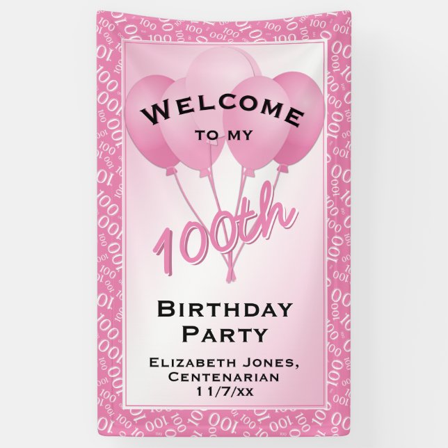 Willkommen 100. Cooles Zahlenmuster - Rosa/Weiß Banner (Vertikal)