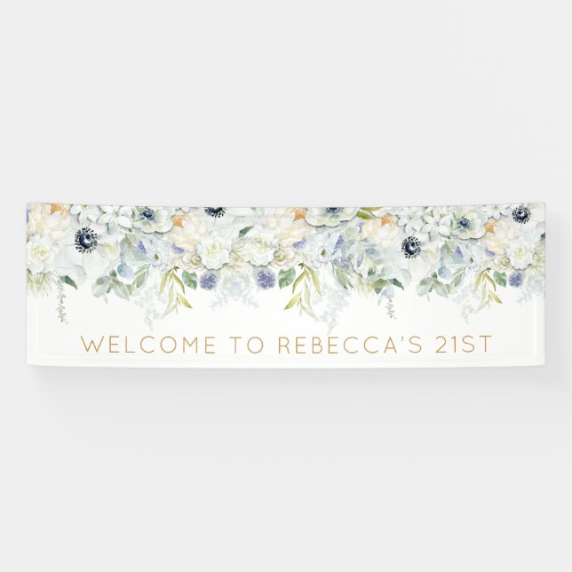 Willkommen 21. Party Name White Florals Blätter Banner (Horizontal)