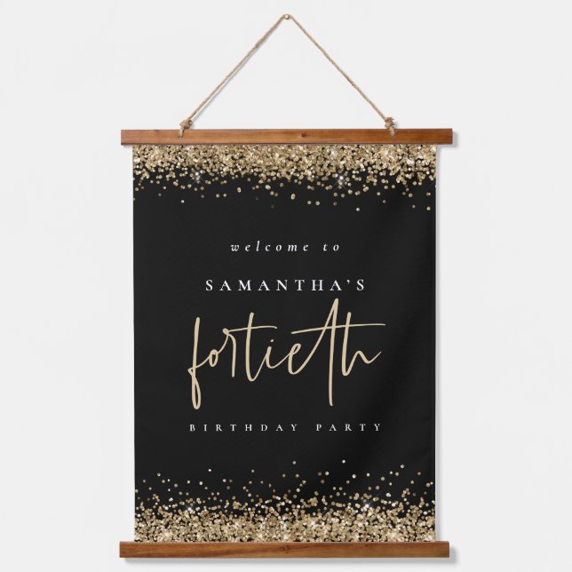 Willkommen 40 Gold Glitzer Name Black Wandteppich Mit Holzrahmen (Vorderseite)