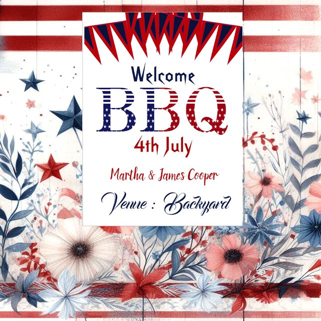 Willkommen 4. Juli GRILLEN Party Red Blue Poster (Welcome 4th July BBQ Party Red Blue Poster)