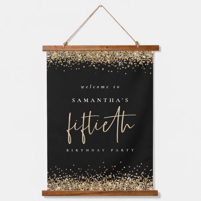 Willkommen 50 Gold Glitzer Name Black Wandteppich Mit Holzrahmen (Vorderseite)