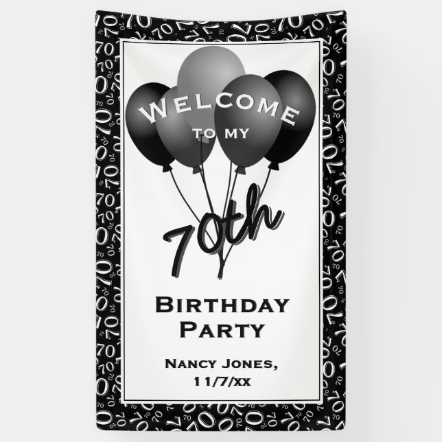 Willkommen 70. Party Schwarz/Weiß Zahlenmuster Banner (Vertikal)