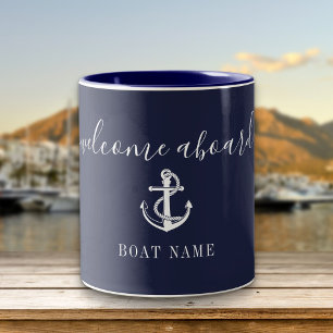 Willkommen an Bord Bootsname Nautical Anchor Navy  Zweifarbige Tasse