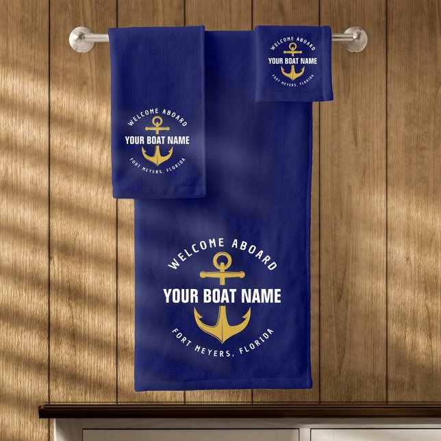 Willkommen an Bord der Marine Blue Gold Nautical A Badhandtuch Set (Von Creator hochgeladen)