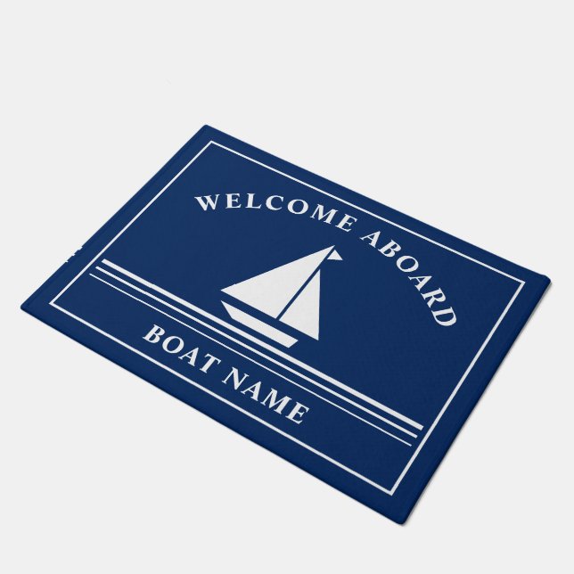 Willkommen an Bord der Marine Blue Nautical Bootna Fußmatte (Schrägansicht)