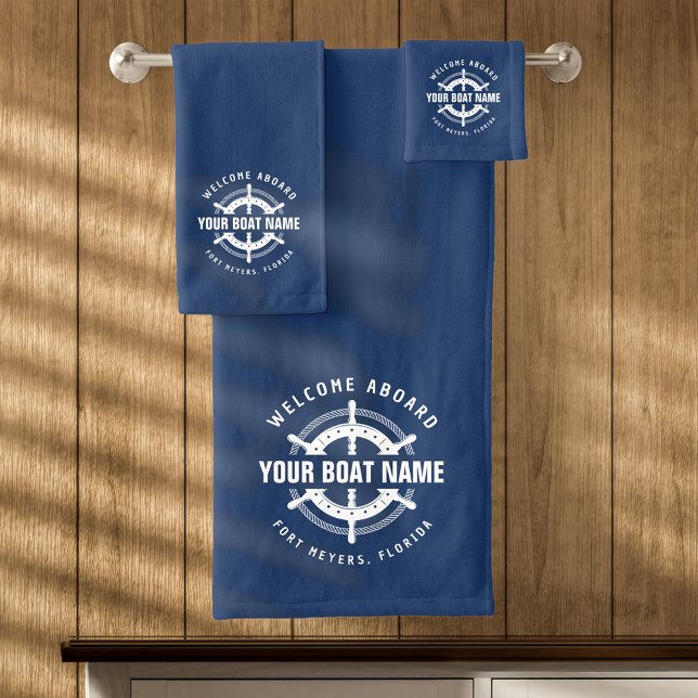 Willkommen an Bord der Nautical Boote Name Navy Bl Badhandtuch Set (Von Creator hochgeladen)