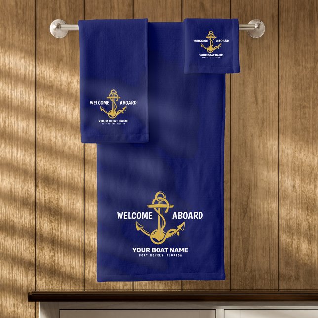 Willkommen an Bord der Nautical Navy Blue & Gold B Badhandtuch Set (Von Creator hochgeladen)