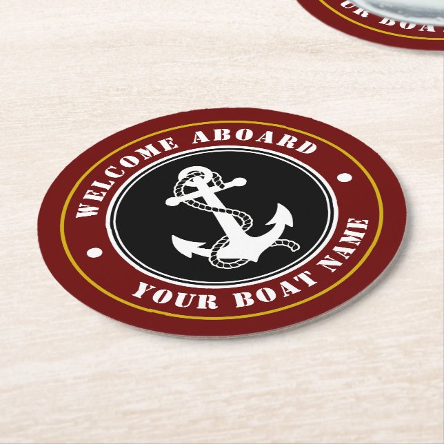 Willkommen an Bord des Bootes Name Anker Red Gold  Runder Pappuntersetzer (Angewinkelt)