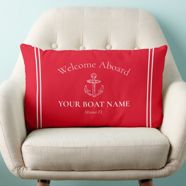 Willkommen an Bord des Bootes Name Bright Red Naut Lendenkissen (Red and White Traditional Nautical Welcome Aboard Boat Pillow with Your Boat Name and Home Port)