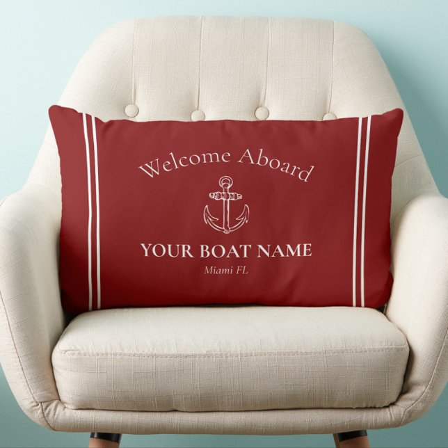 Willkommen an Bord des Bootes Name Burgundy Red Na Lendenkissen (Traditional Burgundy Welcome Aboard Nautical Pillow with Your Boat Name and Home Port)