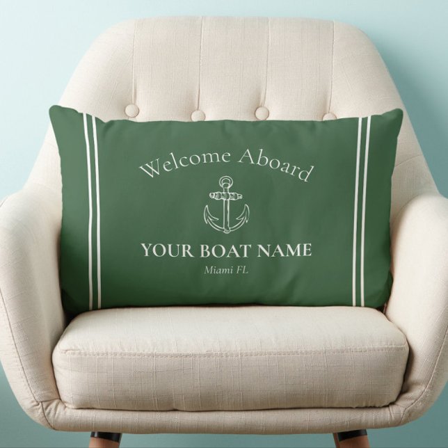 Willkommen an Bord des Bootes Name Hunter Green Na Lendenkissen (Nautical Welcome Aboard Pillow Personalized with Your Boat Name and Home Port in Hunter Green)