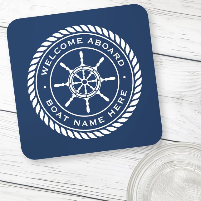 Willkommen an Bord des Schiffs Name des Schiffes Getränkeuntersetzer (Welcome aboard boat name nautical ship's wheel beverage coaster)