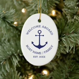Willkommen an Bord eines blauen, weißen nautische Keramik Ornament