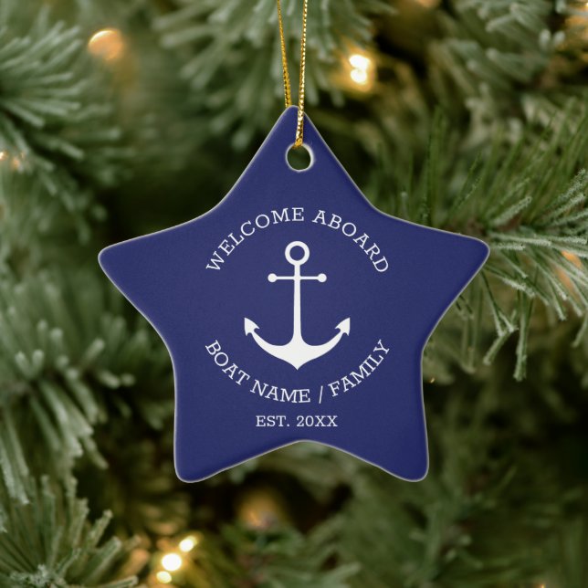 Willkommen an Bord marineblauer nautischer Anker Keramik Ornament (Baum)