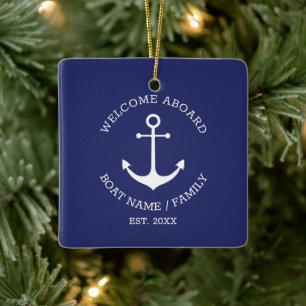 Willkommen an Bord marineblauer nautischer Anker Keramikornament