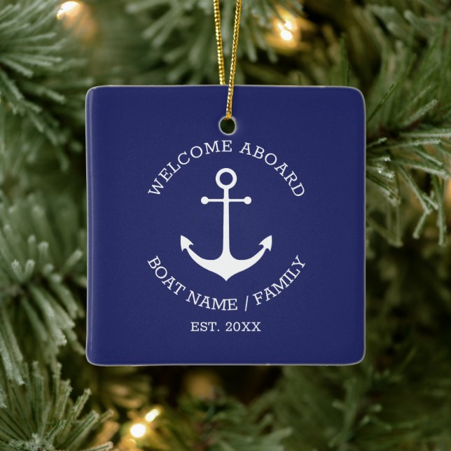 Willkommen an Bord marineblauer nautischer Anker Keramikornament (Baum)