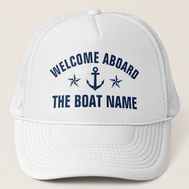 Willkommen an Bord Name nautischer Anker Marine St Truckerkappe (Vorderseite)