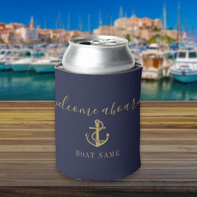 Willkommen an Bord Name Navy Blue und Gold Dosenkühler (Welcome Aboard Boat Name Navy Blue And Gold Can Cooler)