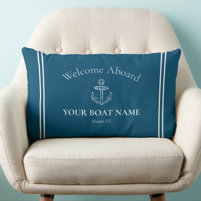 Willkommen an Bord Name Ocean Blue Nautical Lendenkissen (Traditional Nautical Welcome Aboard Lumbar Pillow Personalized with Your Boat Name and Home Port)