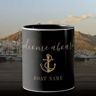 Willkommen an Bord Schwarzer und goldener Anker Bo Zweifarbige Tasse