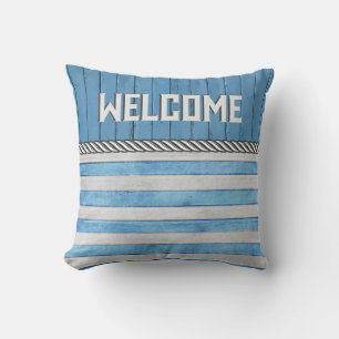 Willkommen auf Blue Wood and Stripes Kissen