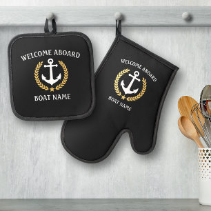 Willkommen auf dem Schiff Name Anchor Gold Laurel  Ofenhandschuh & Topflappen-Set