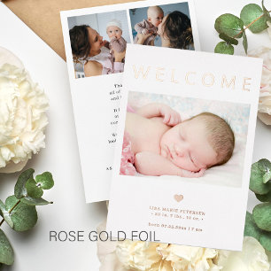 Willkommen Baby 3 Foto Roségold Geburtsanzeige Folieneinladung