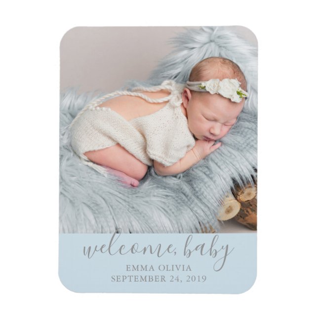 Willkommen, Baby | Blue Birth Announcement Foto Magnet (Vertikal)